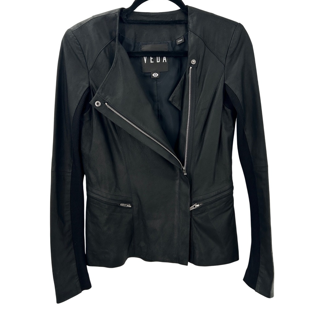 VEDA Black Lamb Leather Asymmetrical Moto Biker Peplum‎ Jacket Womens Sz Small